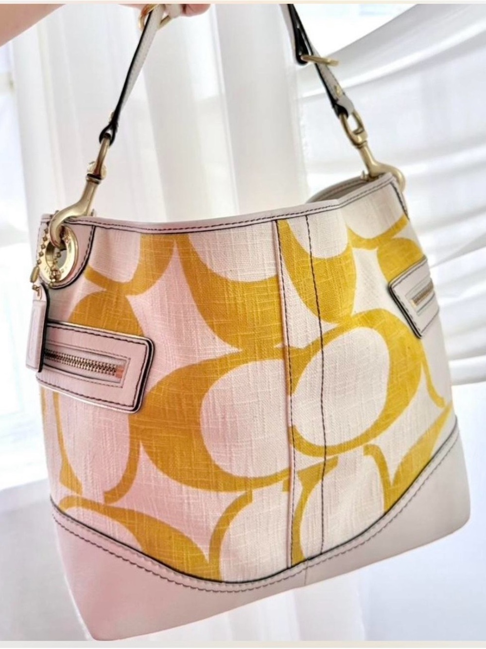Coach Yellow Logo-Print Canvas Shoulder Bag with Cream Trim